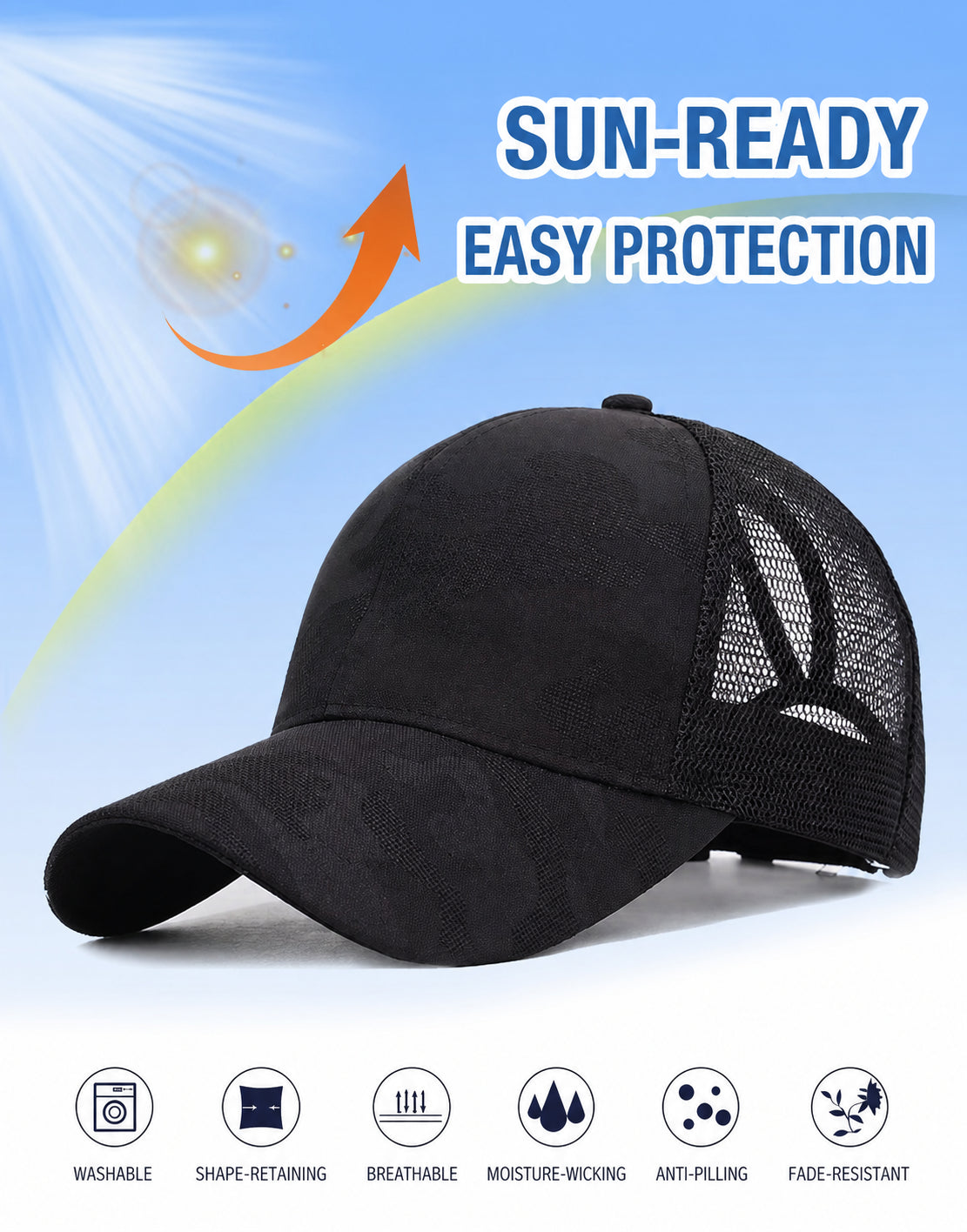 Black ponytail mesh trucker hat with sun-ready protection features