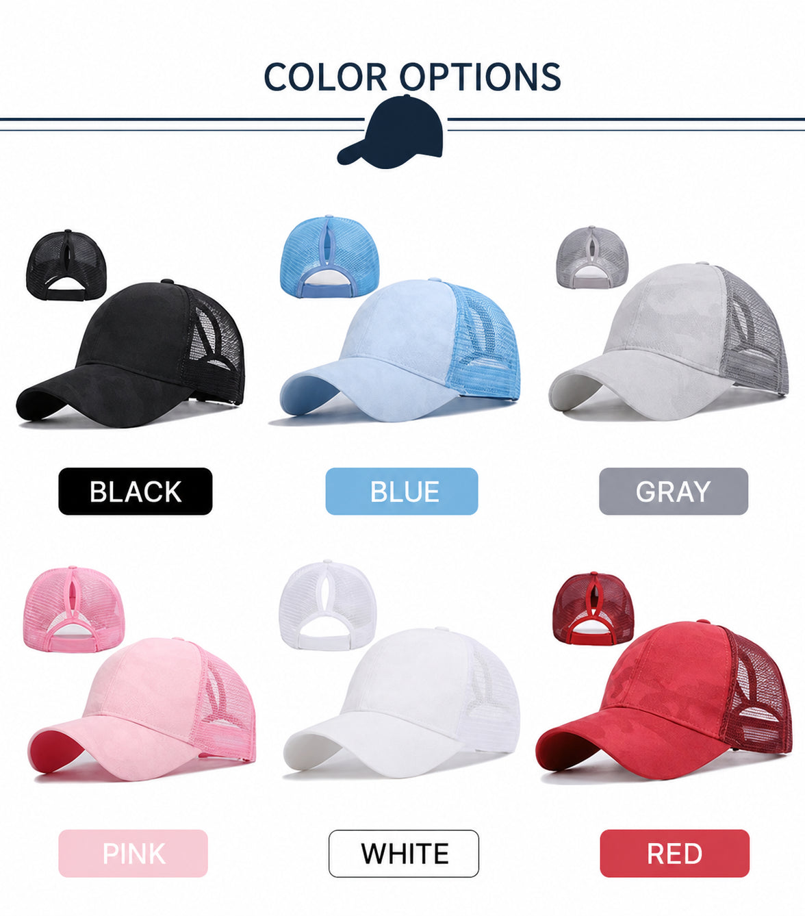 Ponytail mesh trucker hat color options in black, blue, gray, pink, white, and red