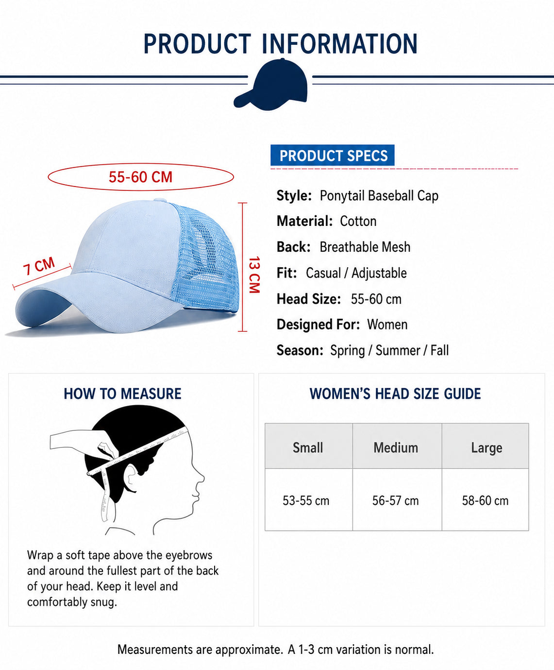 Ponytail baseball cap product information, dimensions, and head size guide