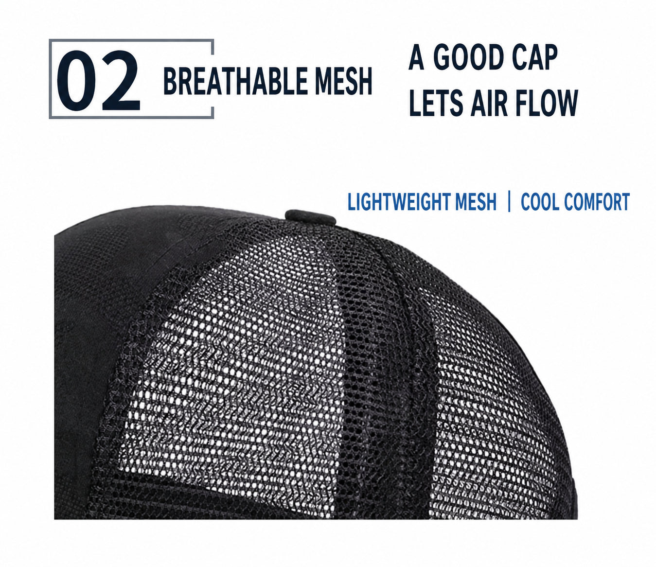 Close-up of lightweight breathable mesh back on ponytail trucker hat