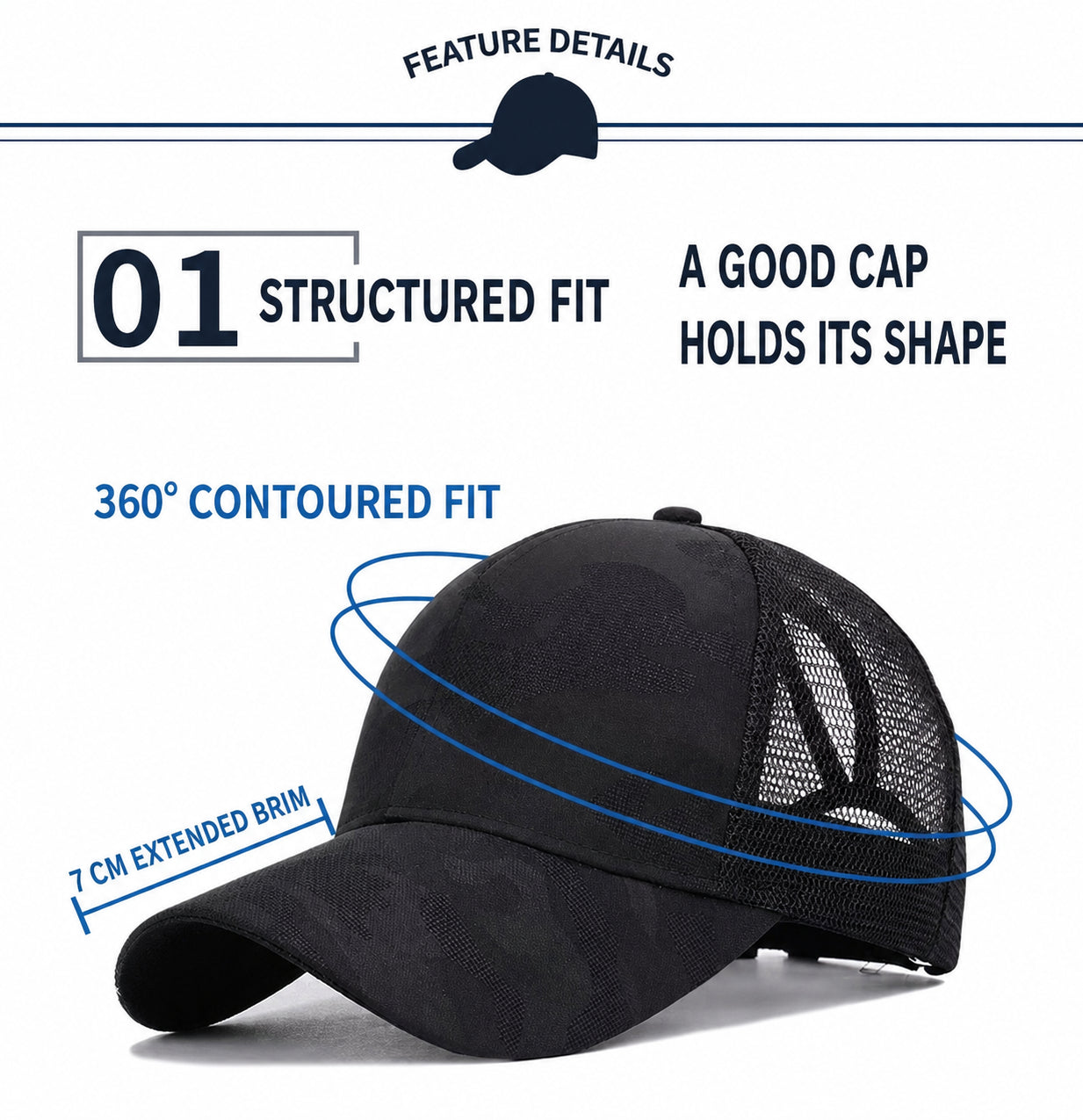 Structured ponytail trucker hat with contoured fit and 7 cm brim