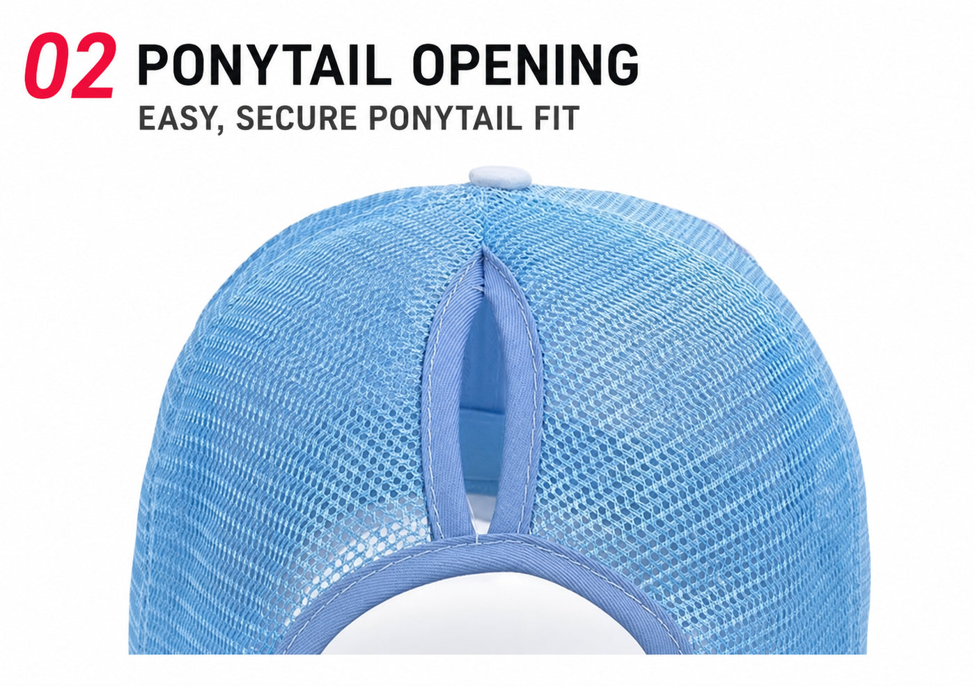 Rear view of blue mesh cap showing secure ponytail opening