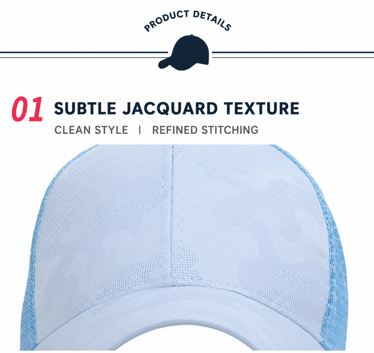 Close-up of subtle jacquard texture and refined cap stitching