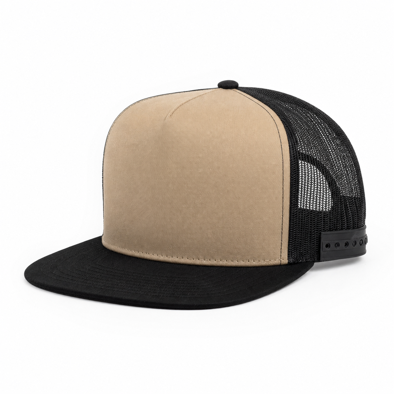 Tan Black Flatbill Trucker Hat customization preview